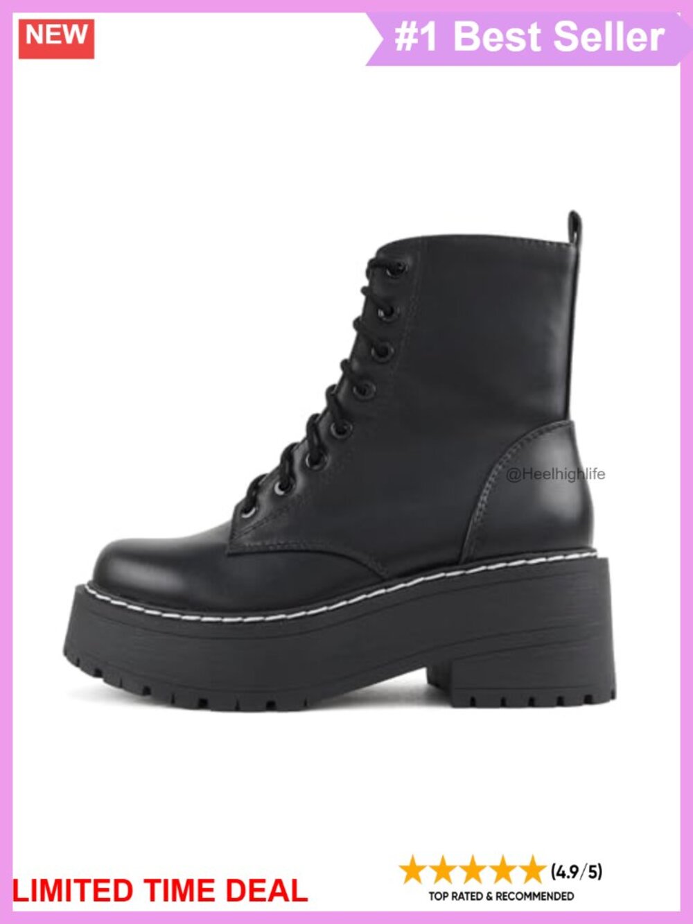 Chunky Lug Sole Lace Up Combat Ankle Boot Side Zipper